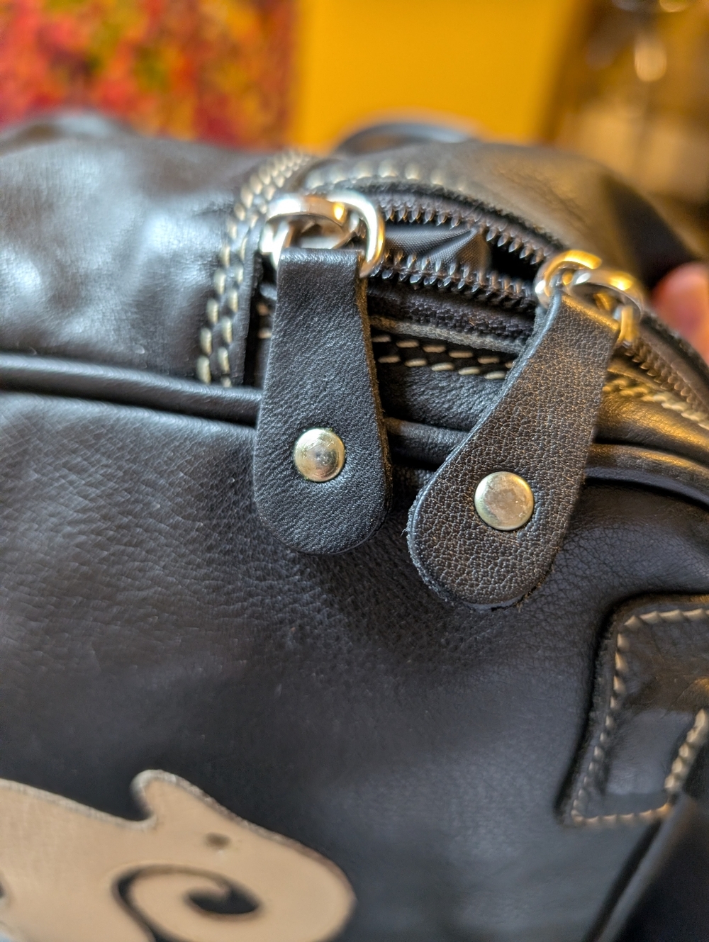 Vintage Y2K Roots Canada Black Leather Aries Zodiac Bowling bag - White Ram - Picture 12 of 14